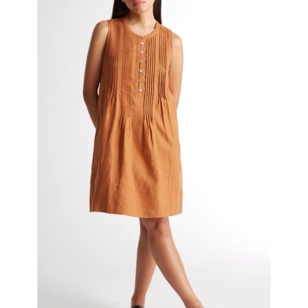 Quince Linen Sleeveless Swing Dress S Lagenlook Pleats Preppy Terracotta Pumpkin